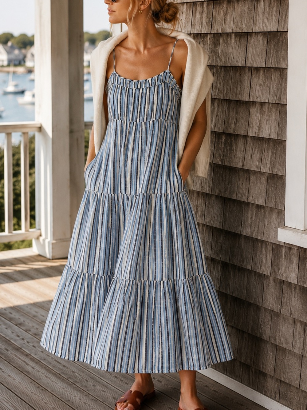 aerie 100% Cotton Blue Stripe Tiered Maxi Sundress with Pockets Medium